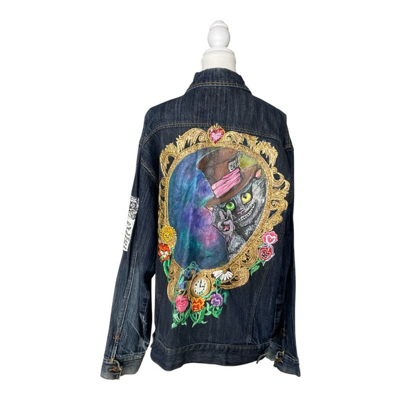 Hand Painted Alice in Wonderland | Cheshire Cat | Denim Jacket | Oversized | XXL - Picture 9 of 14